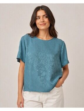 Vintage Anna and Frank Silk Blouse Womens S Teal Floral Jacquard shoulder pads